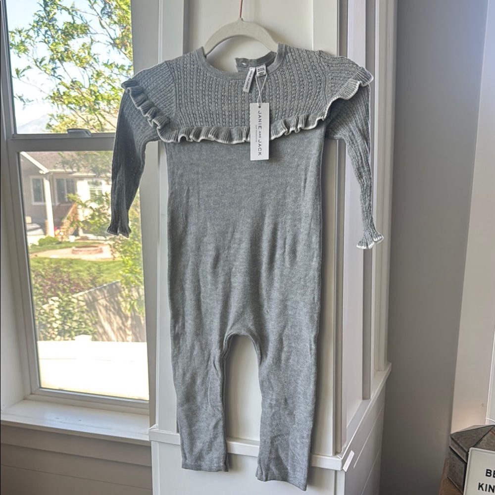 Janie and Jack Gray Knit Ruffle Romper NWT 18-24M